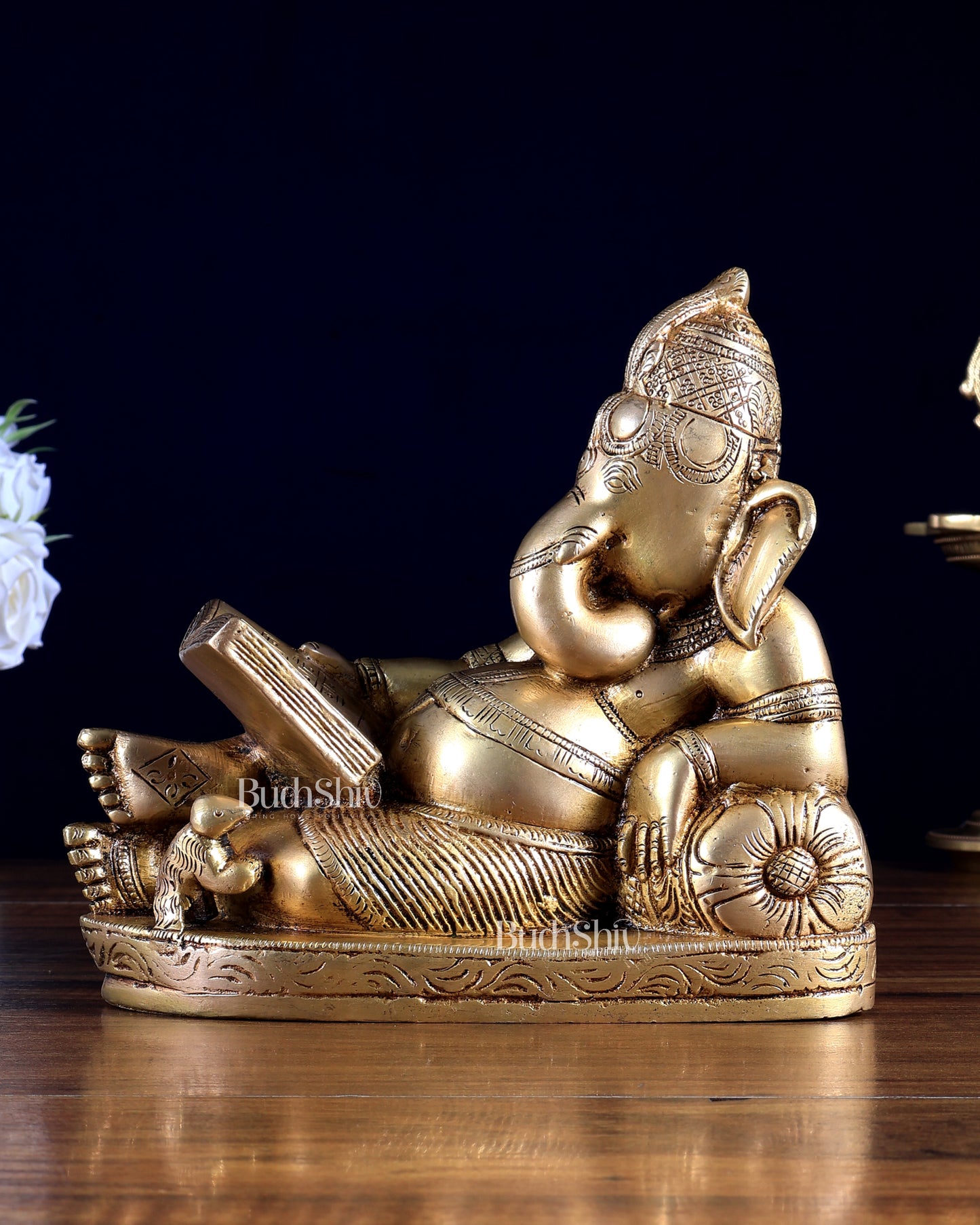 Pure Brass Resting Reading Ganesha Idol – 6.5 Inch | Artistic Home Décor | BudhShiv