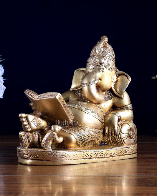 Pure Brass Resting Reading Ganesha Idol – 6.5 Inch | Artistic Home Décor | BudhShiv