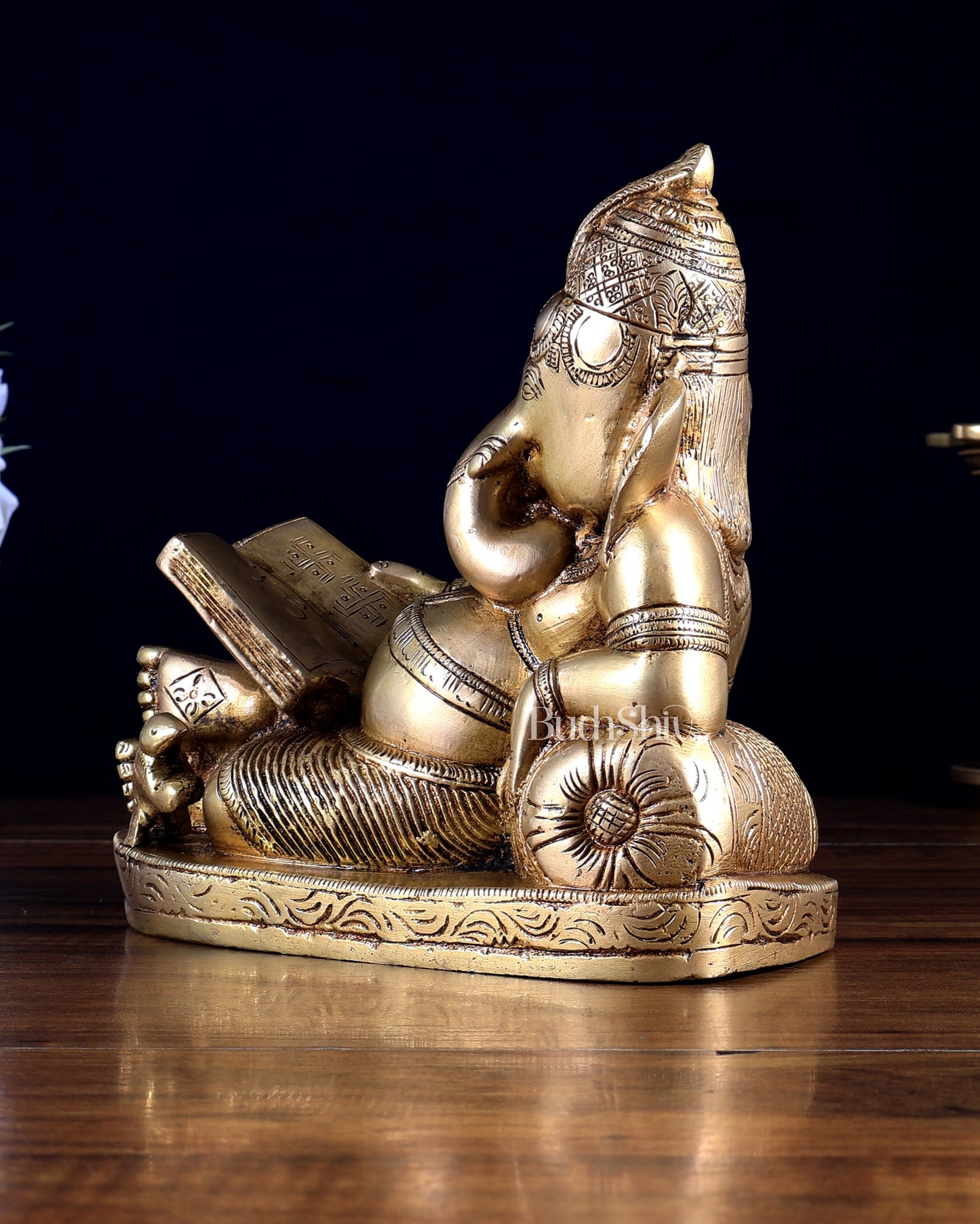 Pure Brass Resting Reading Ganesha Idol – 6.5 Inch | Artistic Home Décor | BudhShiv