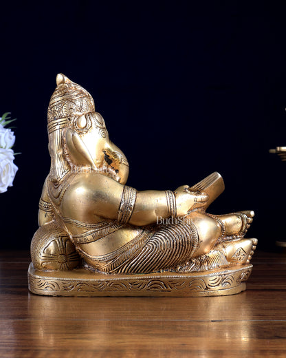 Pure Brass Resting Reading Ganesha Idol – 6.5 Inch | Artistic Home Décor | BudhShiv