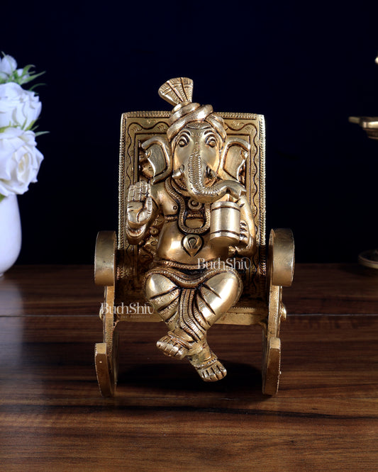 Brass Ganesha on Rocking Chair – Cute Relaxing Idol Gift 6.5 inch