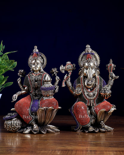 Superfine Brass Ganesha Lakshmi Idol Set – 10 Inch jewellery work