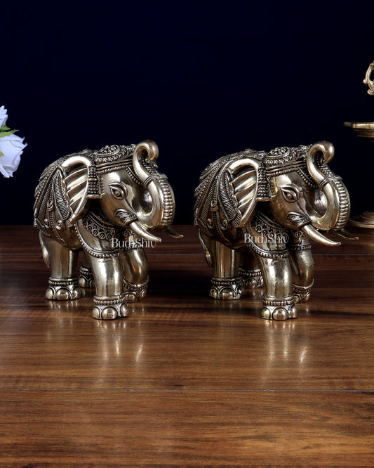 Brass Superfine Intricately Carved Elephant Statue 6.5 inch pair