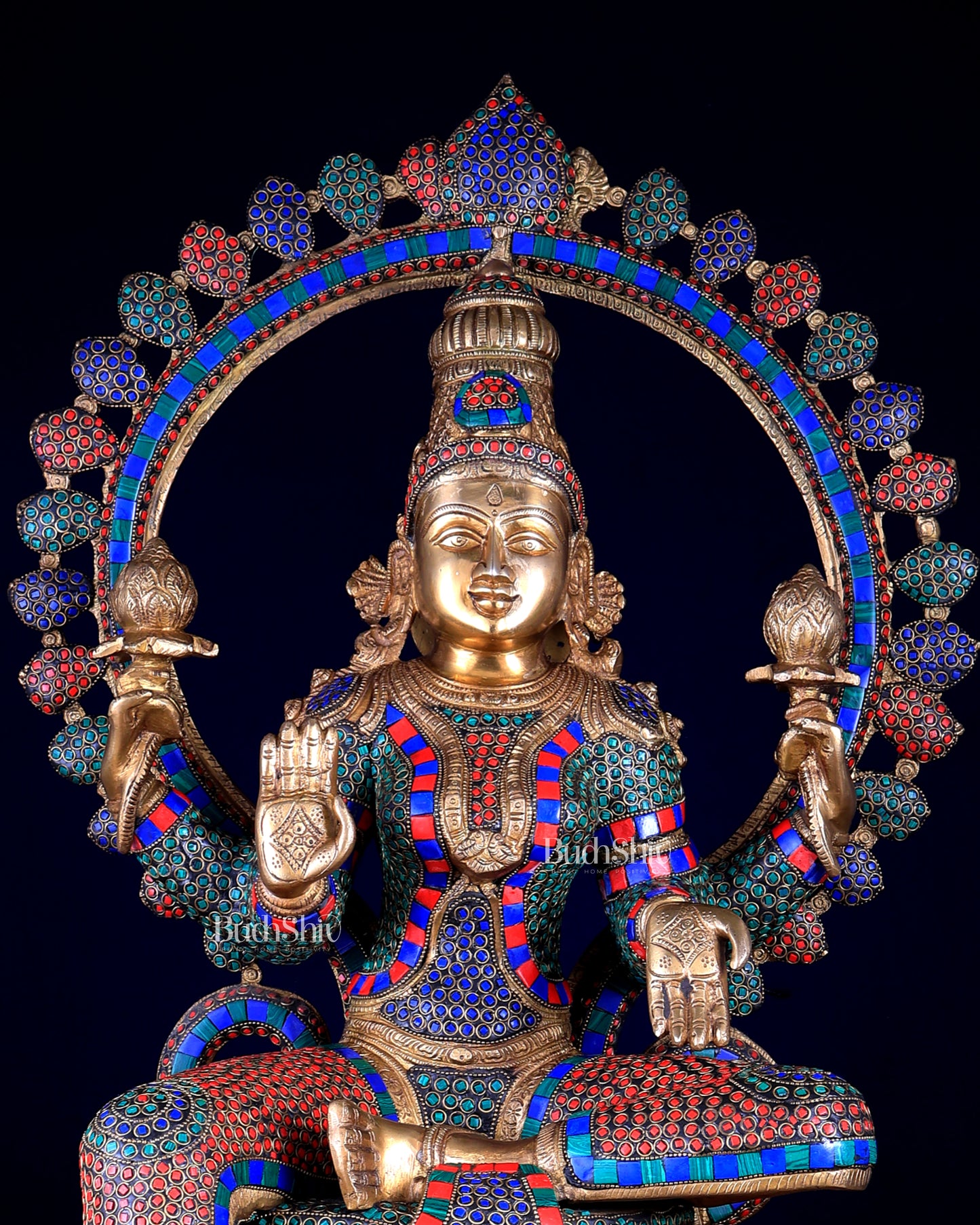 Pure Brass Large Lakshmi Devi Statue with Meenakari Stonework – 27" Tall,