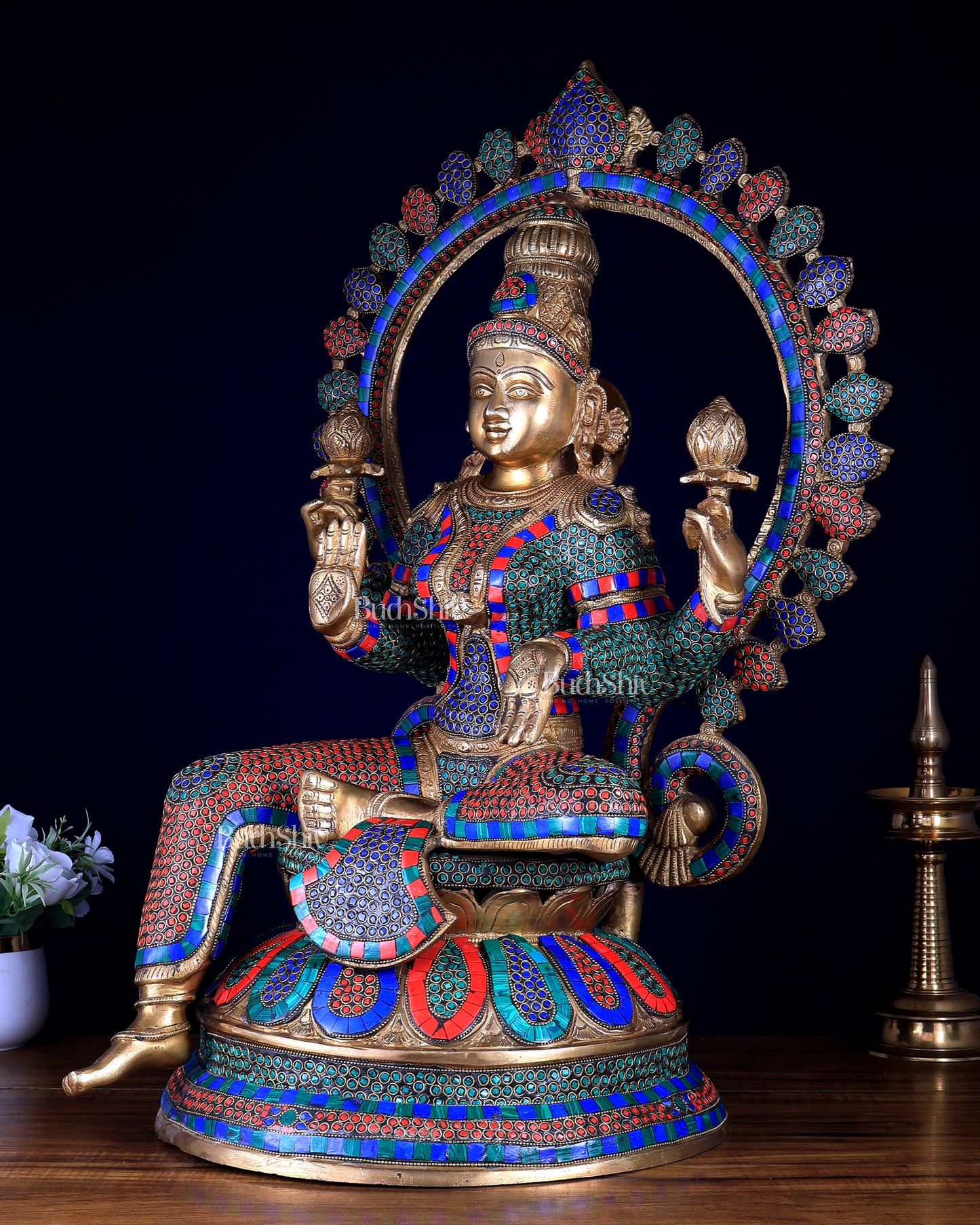 Pure Brass Large Lakshmi Devi Statue with Meenakari Stonework – 27" Tall,