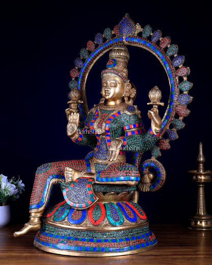 Pure Brass Large Lakshmi Devi Statue with Meenakari Stonework – 27" Tall,