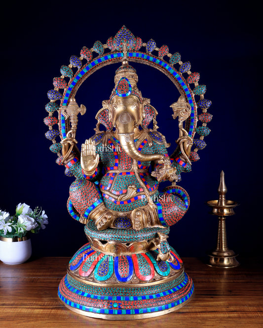 Pure Brass Large Ganesha Statue with Meenakari Stonework – 27" Tall