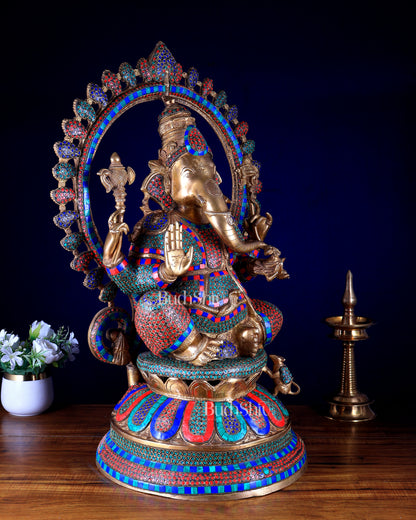 Pure Brass Large Ganesha Statue with Meenakari Stonework – 27" Tall