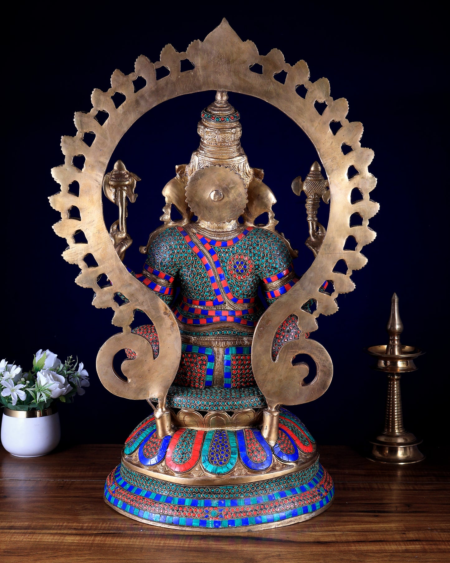 Pure Brass Large Ganesha Statue with Meenakari Stonework – 27" Tall