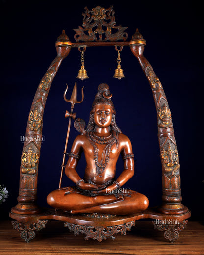 Brass Lord Shiva in Meditation with Engraved Ganesha Pillars — Majestic 34.5-Inch Temple Sculpture