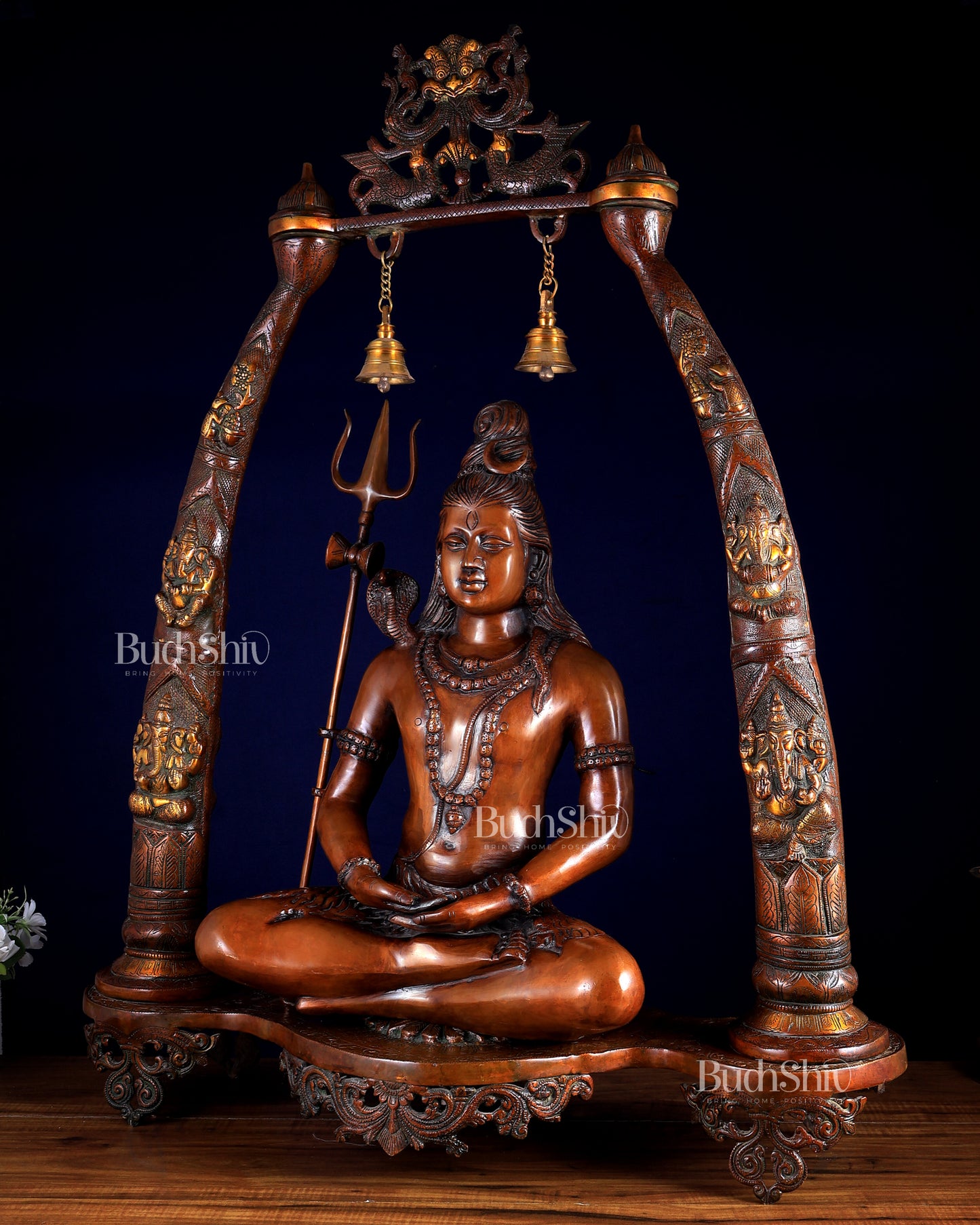Brass Lord Shiva in Meditation with Engraved Ganesha Pillars — Majestic 34.5-Inch Temple Sculpture