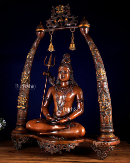 Brass Lord Shiva in Meditation with Engraved Ganesha Pillars — Majestic 34.5-Inch Temple Sculpture