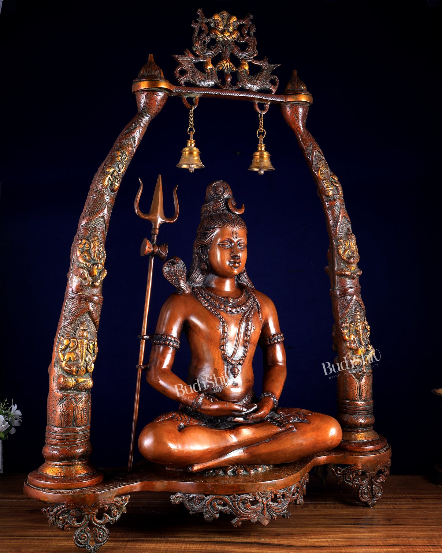Brass Lord Shiva in Meditation with Engraved Ganesha Pillars — Majestic 34.5-Inch Temple Sculpture