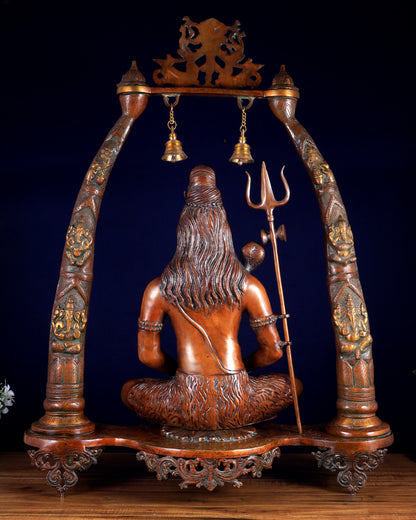 Brass Lord Shiva in Meditation with Engraved Ganesha Pillars — Majestic 34.5-Inch Temple Sculpture