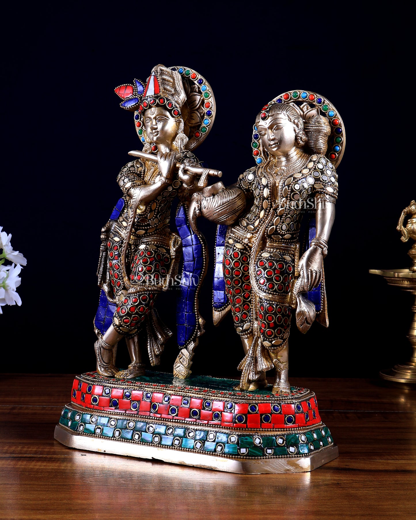 Brass Radha Krishna Idol with Stonework – 12 Inch | Premium Handmade Statue | BudhShiv