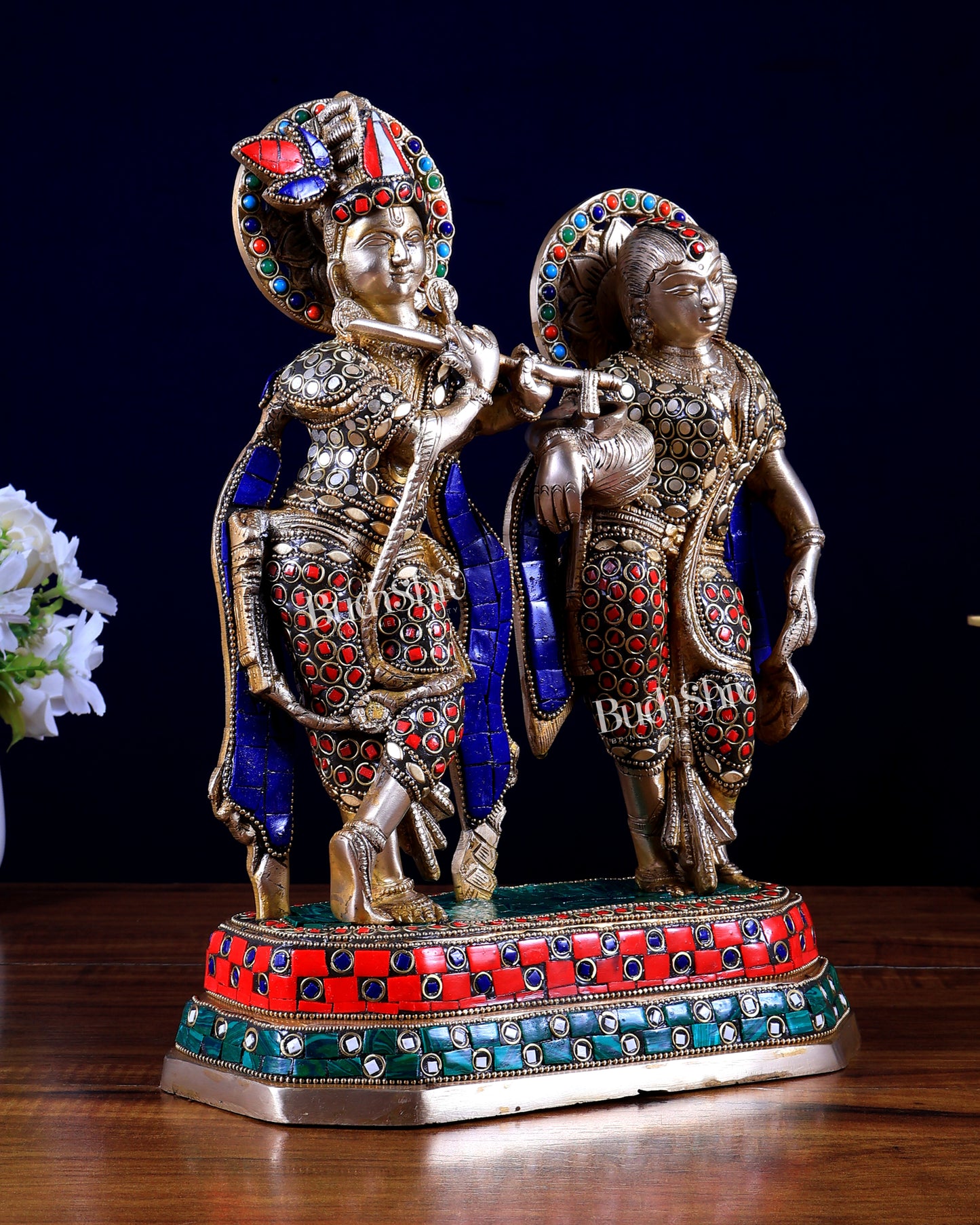 Brass Radha Krishna Idol with Stonework – 12 Inch | Premium Handmade Statue | BudhShiv
