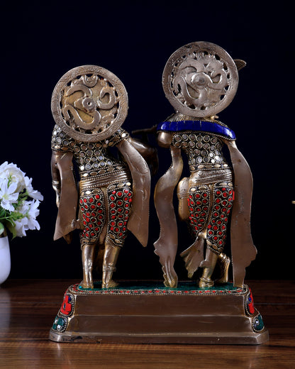 Brass Radha Krishna Idol with Stonework – 12 Inch | Premium Handmade Statue | BudhShiv