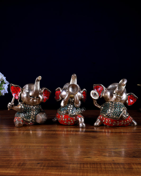 Pure Brass Musical Baby Elephants Set | 7 Inch Stonework