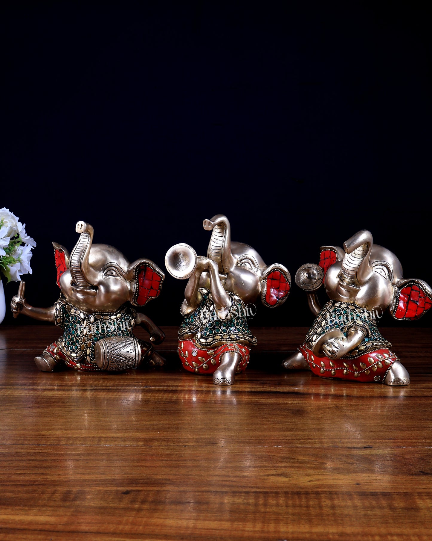 Pure Brass Musical Baby Elephants Set | 7 Inch Stonework