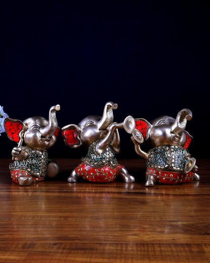 Pure Brass Musical Baby Elephants Set | 7 Inch Stonework