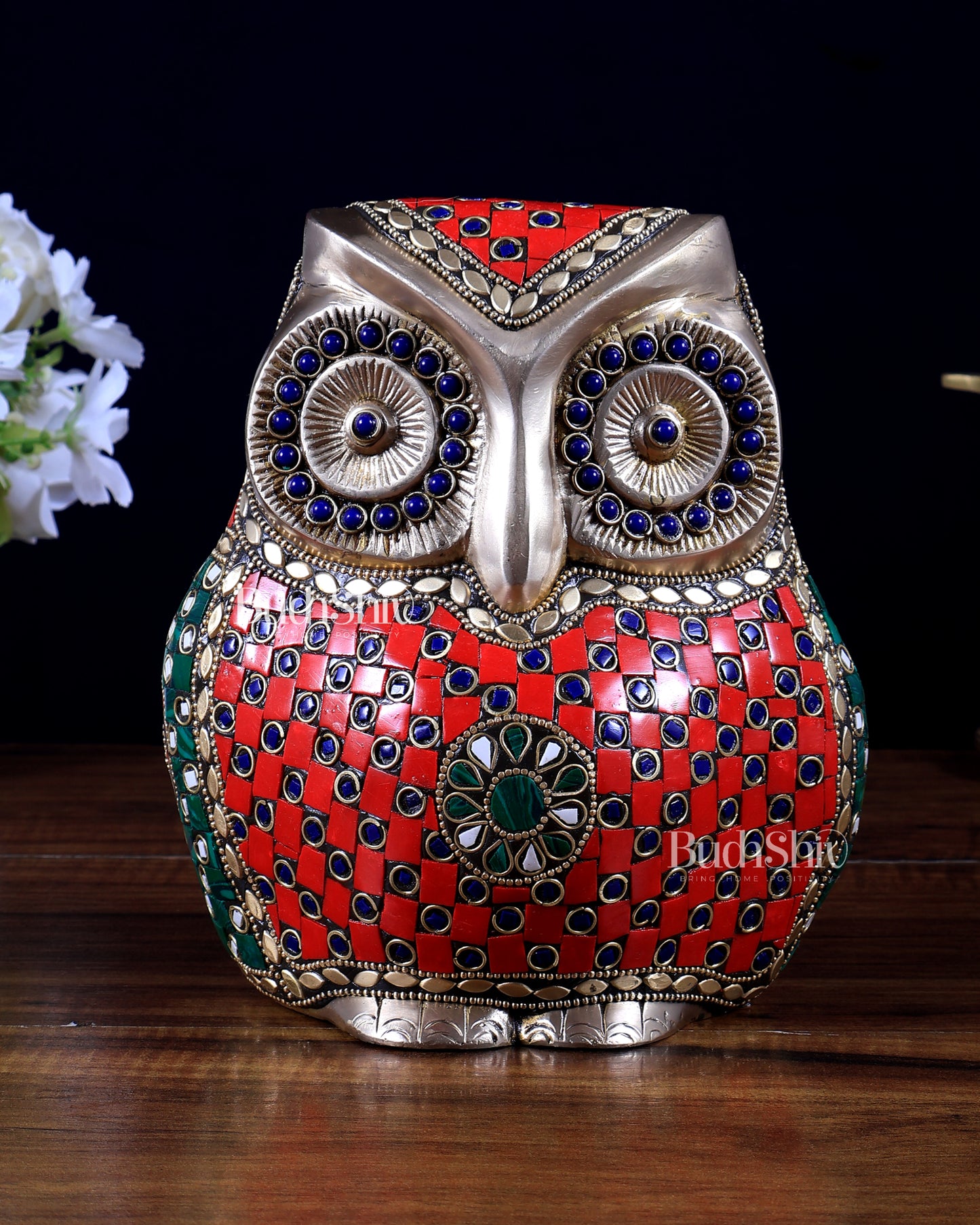 Brass Large Owl Statue – 7" x 6" x 5" | Feng Shui & Vastu Approved with stonework