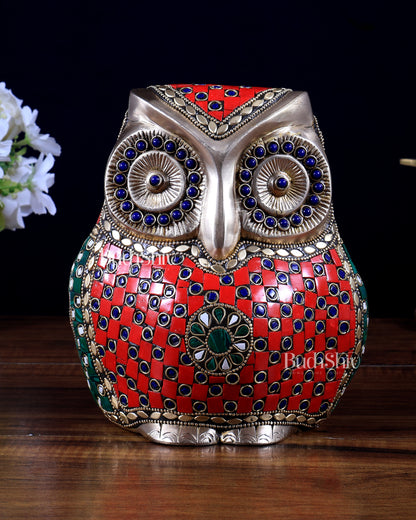 Brass Large Owl Statue – 7" x 6" x 5" | Feng Shui & Vastu Approved with stonework
