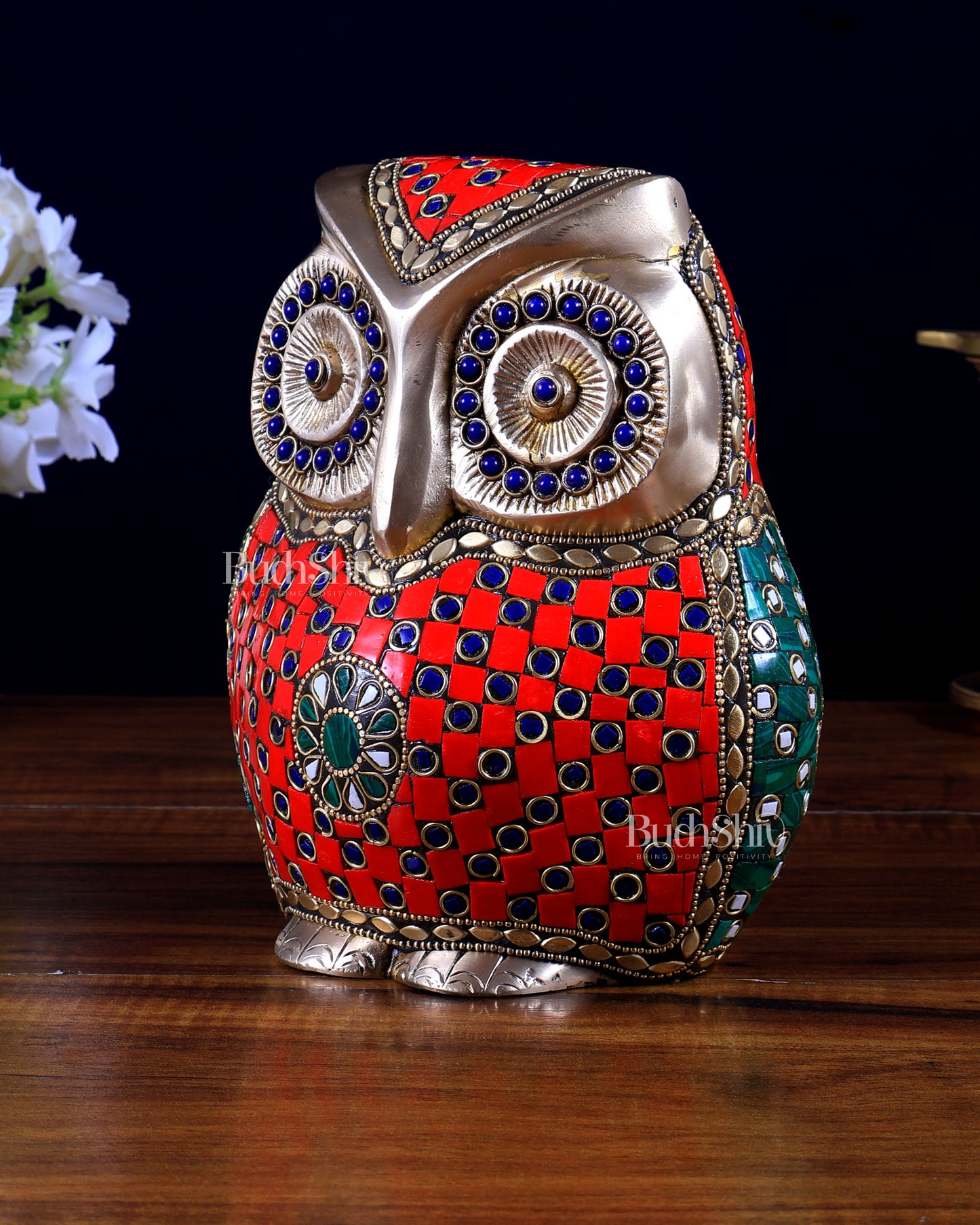 Brass Large Owl Statue – 7" x 6" x 5" | Feng Shui & Vastu Approved with stonework