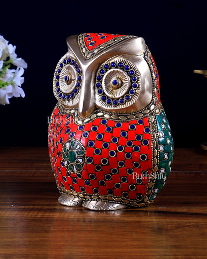 Brass Large Owl Statue – 7" x 6" x 5" | Feng Shui & Vastu Approved with stonework