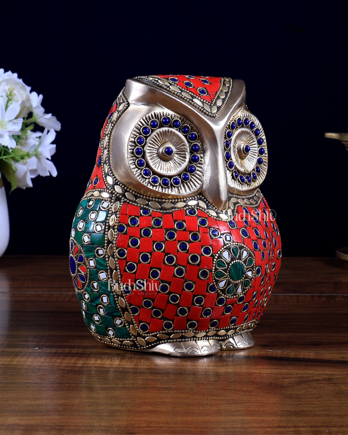Brass Large Owl Statue – 7" x 6" x 5" | Feng Shui & Vastu Approved with stonework