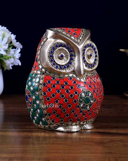 Brass Large Owl Statue – 7" x 6" x 5" | Feng Shui & Vastu Approved with stonework