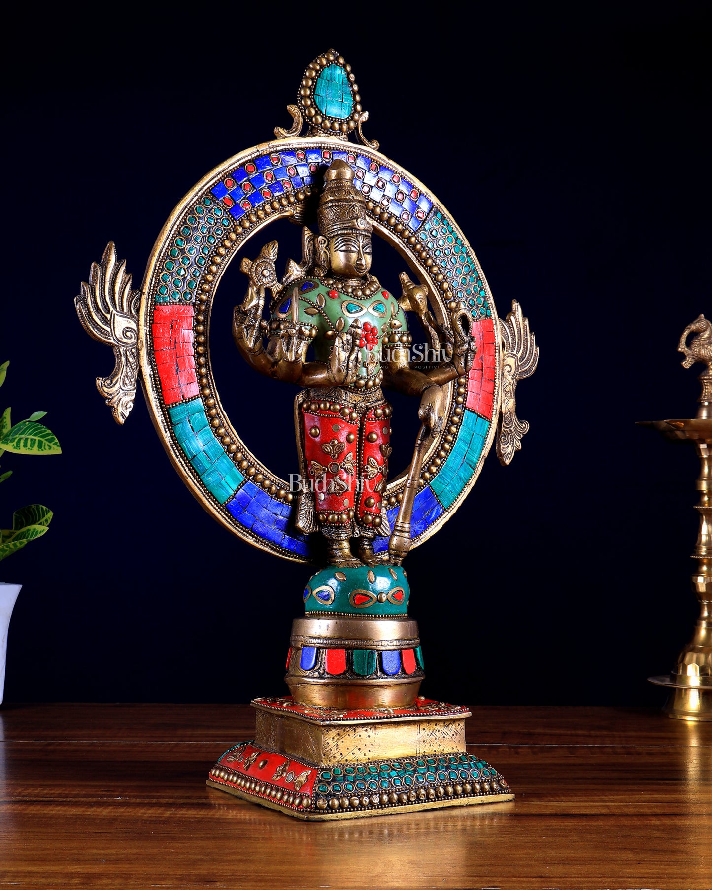 Brass Lord Vishnu Statue with Sudarshan Chakra Aura 16 inch stonework