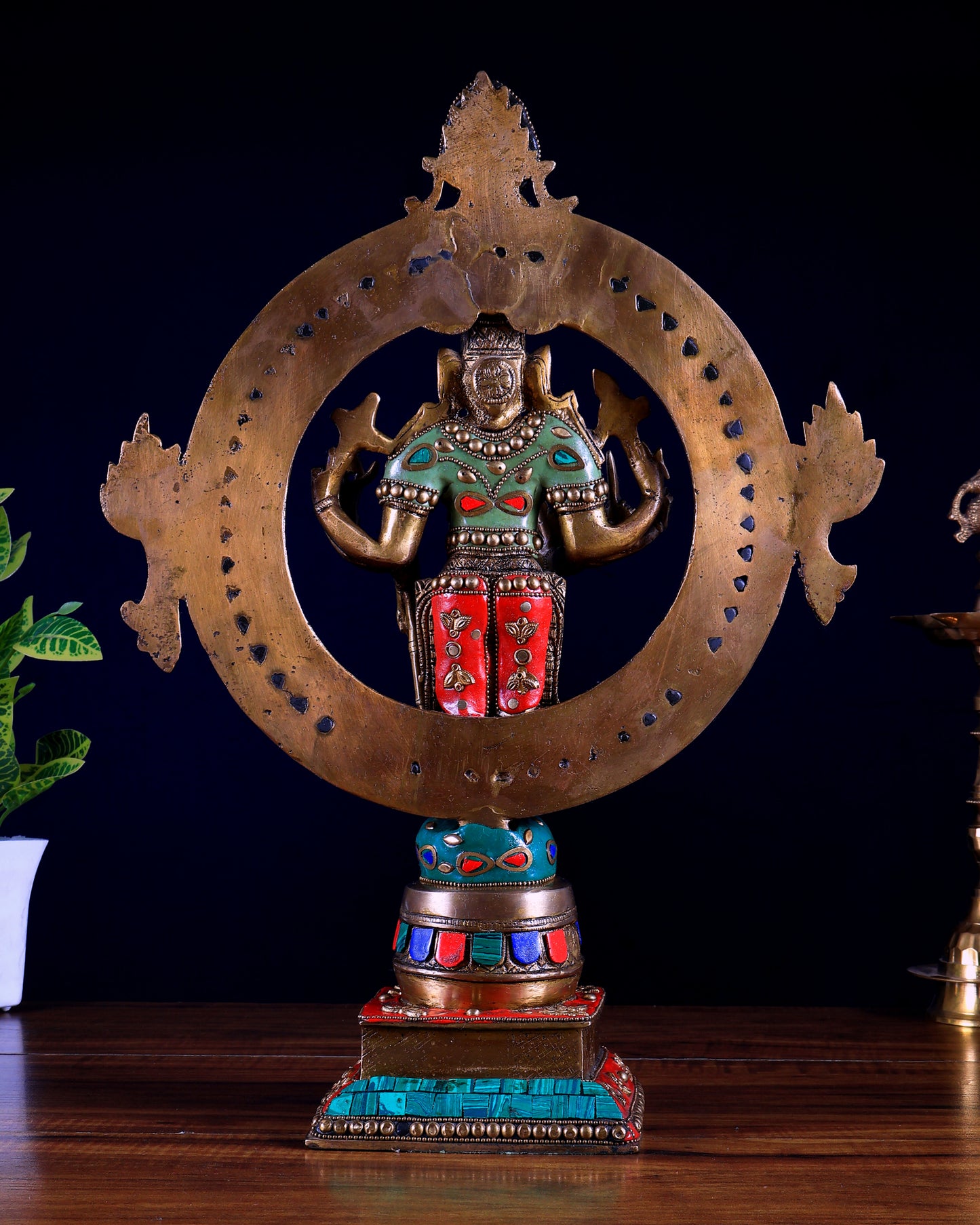 Brass Lord Vishnu Statue with Sudarshan Chakra Aura 16 inch stonework