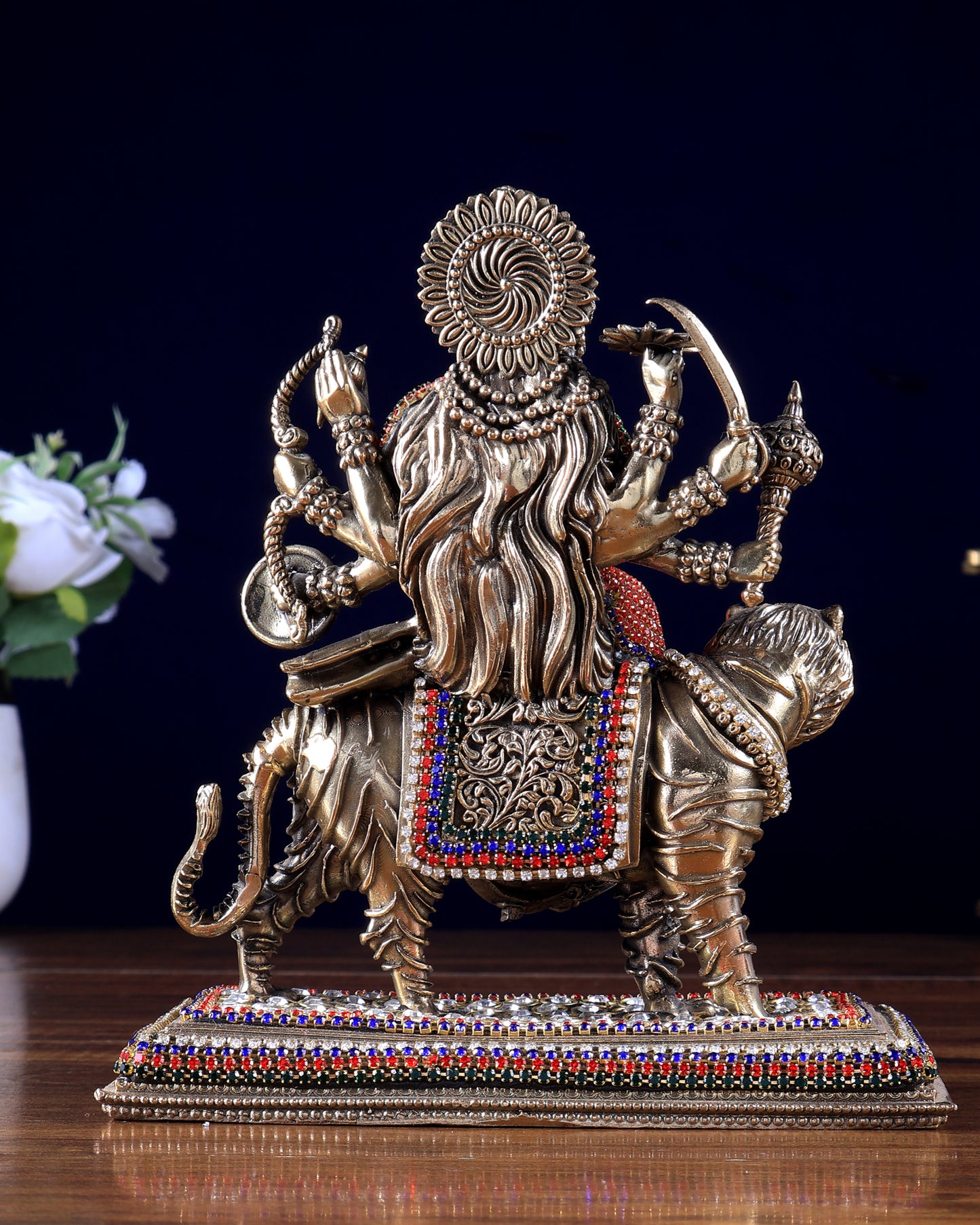Brass Superfine Durga on Tiger Idol with Jewellery work– 7 Inch