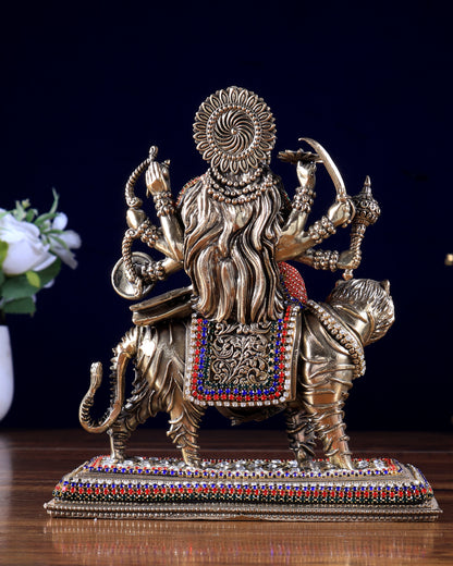 Brass Superfine Durga on Tiger Idol with Jewellery work– 7 Inch