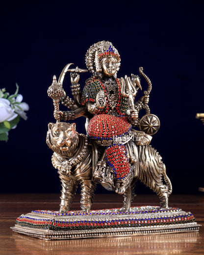 Brass Superfine Durga on Tiger Idol with Jewellery work– 7 Inch