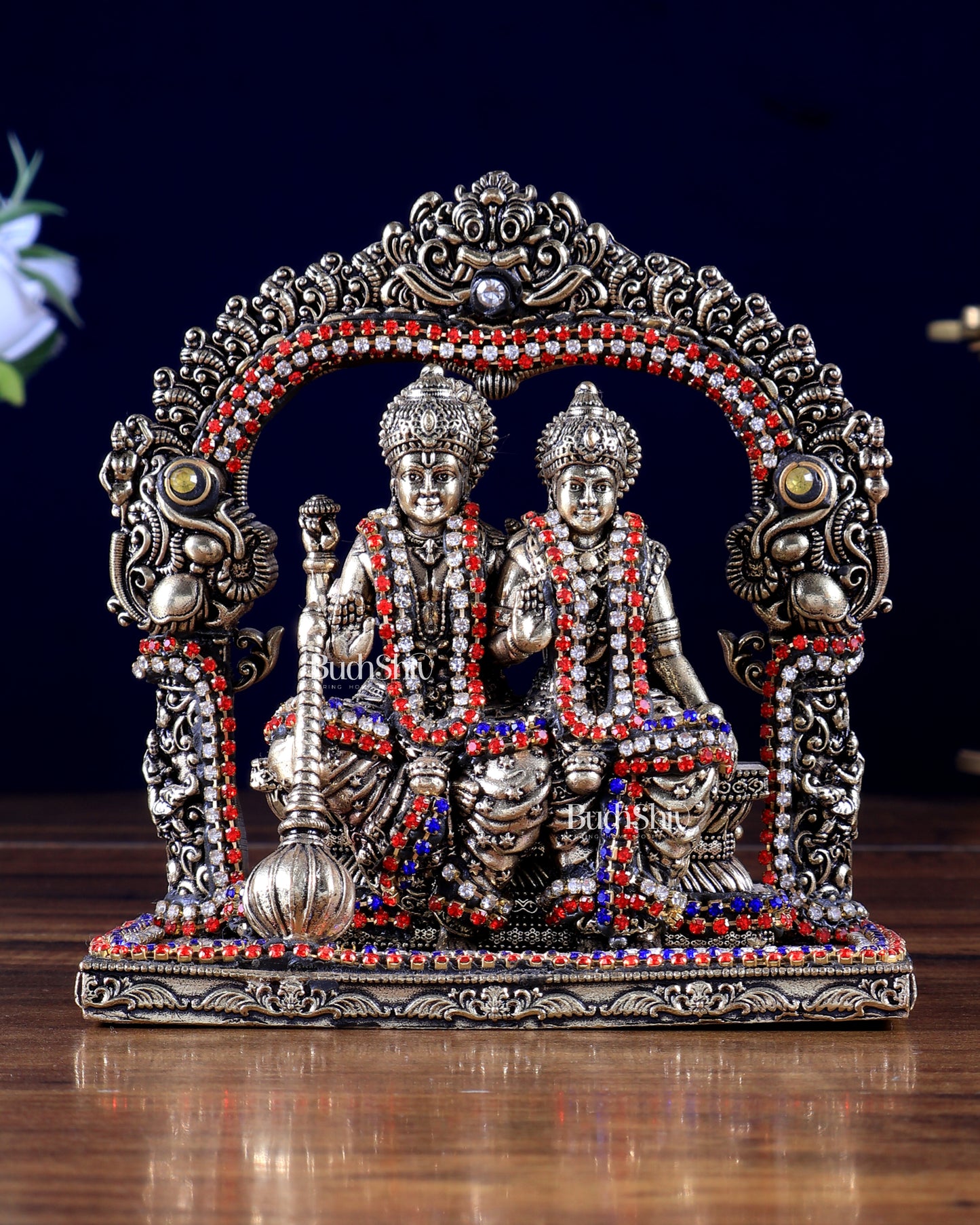 Superfine Brass Vishnu Lakshmi Sitting Statue - 5 inch with jewel work
