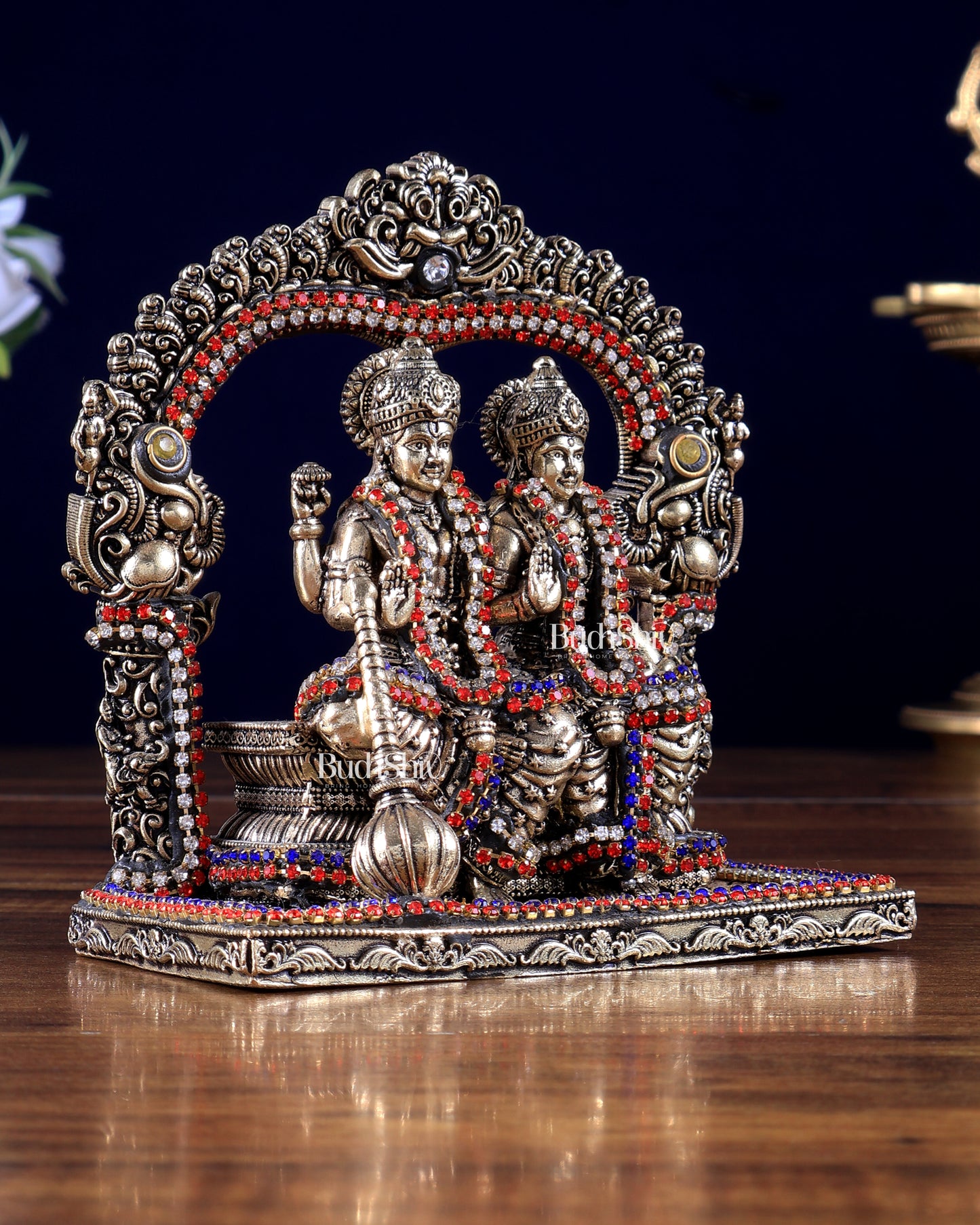 Superfine Brass Vishnu Lakshmi Sitting Statue - 5 inch with jewel work