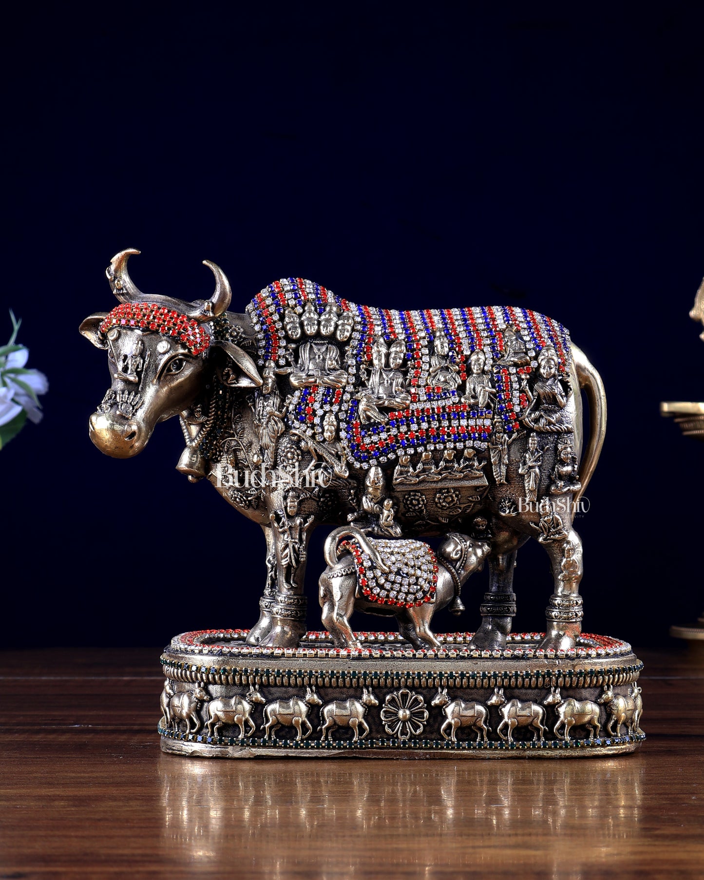 Brass Kamadhenu Cow with Calf – All Deities Engraved 7" with jewellers meenakari
