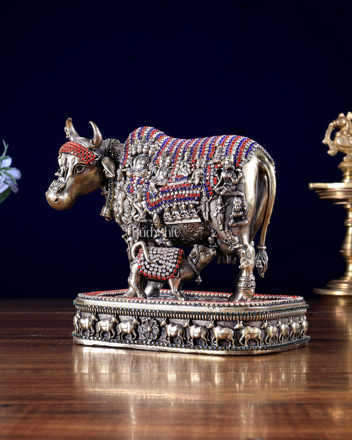Brass Kamadhenu Cow with Calf – All Deities Engraved 7" with jewellers meenakari