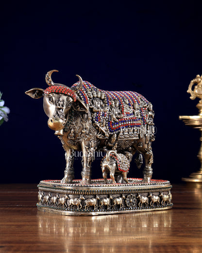 Brass Kamadhenu Cow with Calf – All Deities Engraved 7" with jewellers meenakari