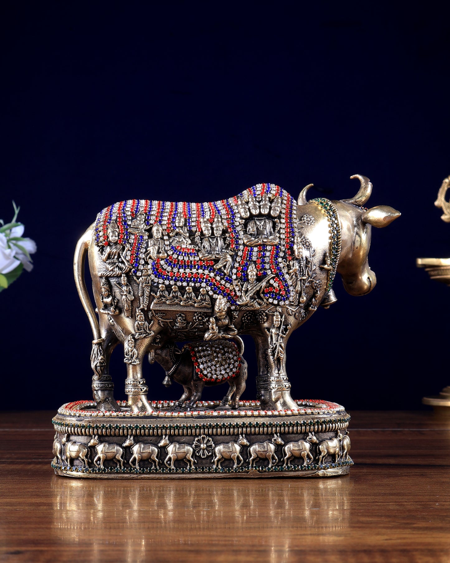 Brass Kamadhenu Cow with Calf – All Deities Engraved 7" with jewellers meenakari