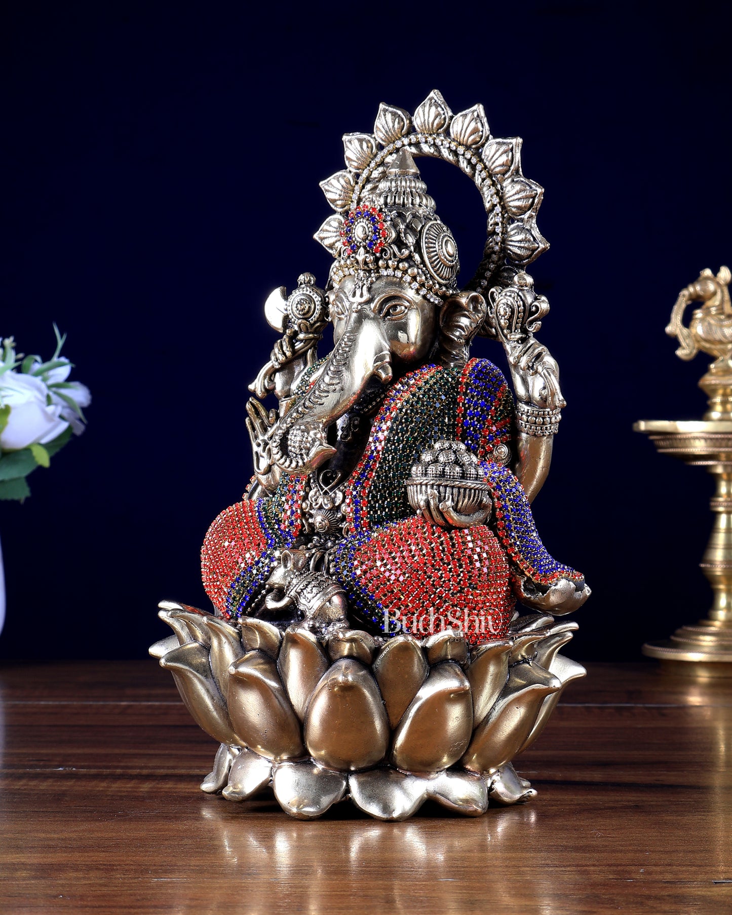 Brass Superfine Ganesha on Lotus Idol with Unique Jewellery Work – 8 Inch | BudhShiv