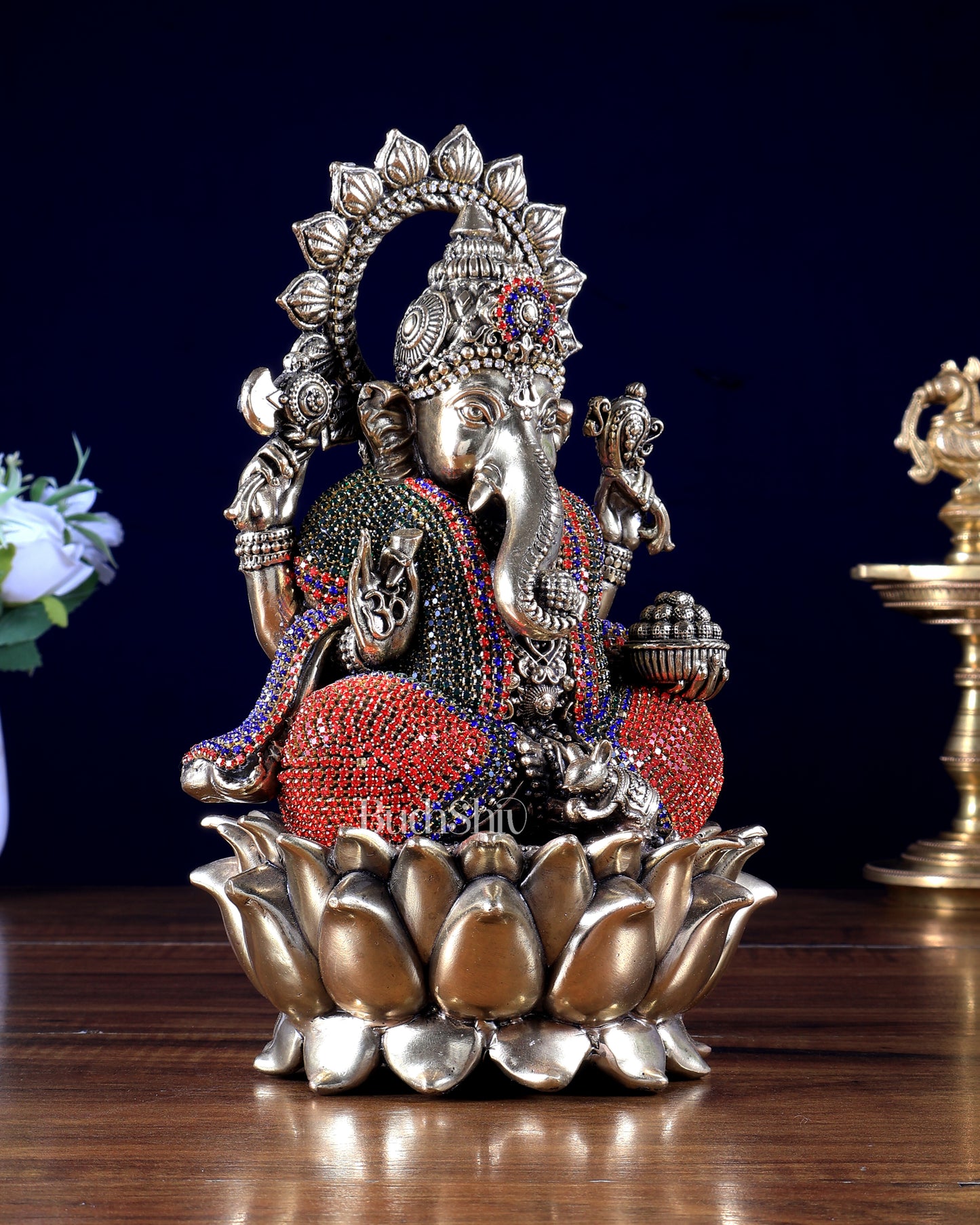 Brass Superfine Ganesha on Lotus Idol with Unique Jewellery Work – 8 Inch | BudhShiv