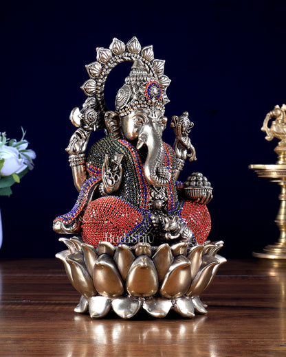 Brass Superfine Ganesha on Lotus Idol with Unique Jewellery Work – 8 Inch | BudhShiv