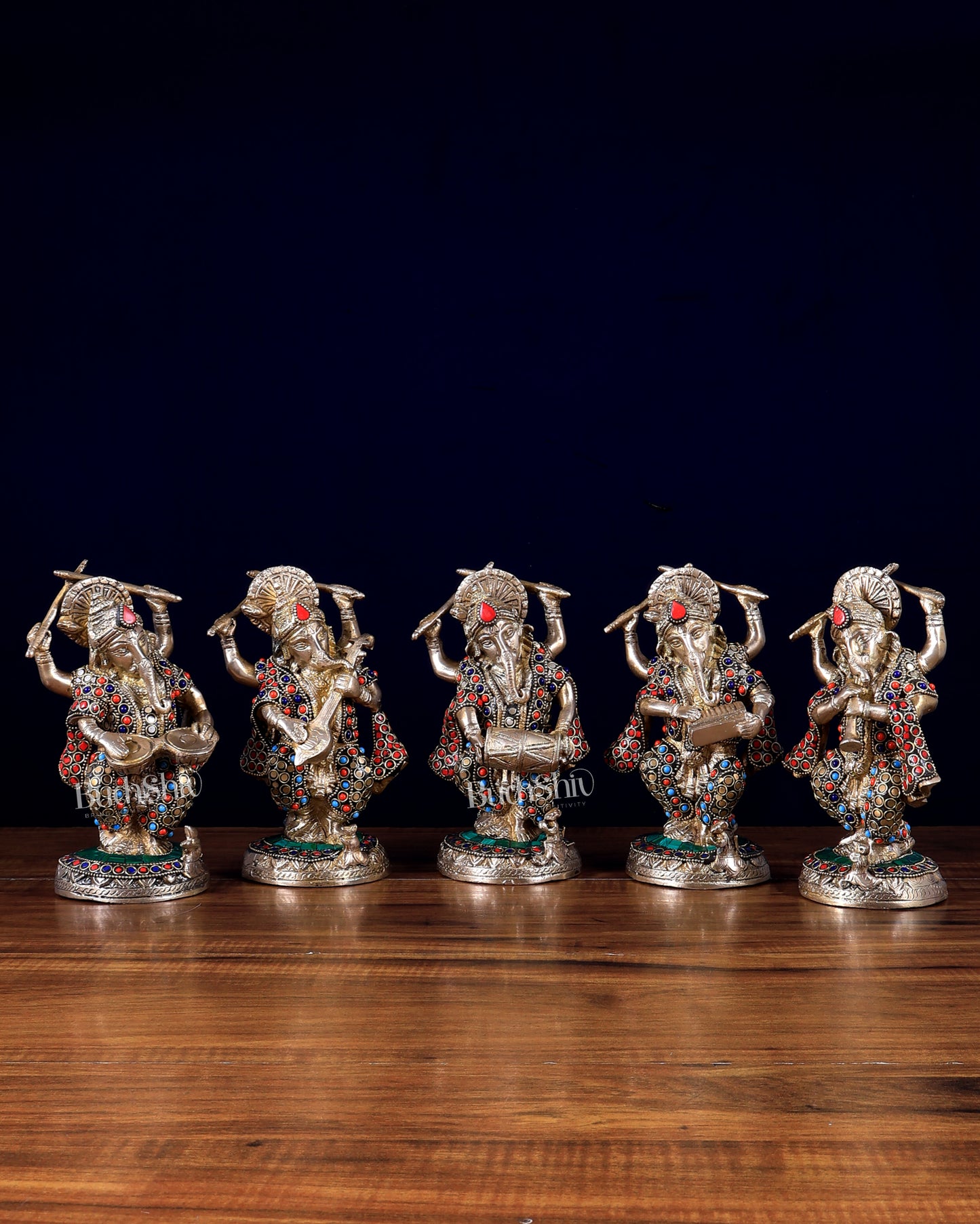 Brass Musical Ganesha Set of 5 with Stonework – 7.5 Inch | Premium Brass Idols | BudhShiv