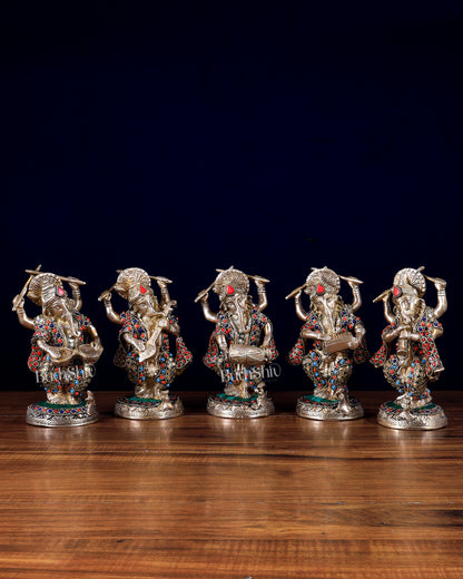 Brass Musical Ganesha Set of 5 with Stonework – 7.5 Inch | Premium Brass Idols | BudhShiv