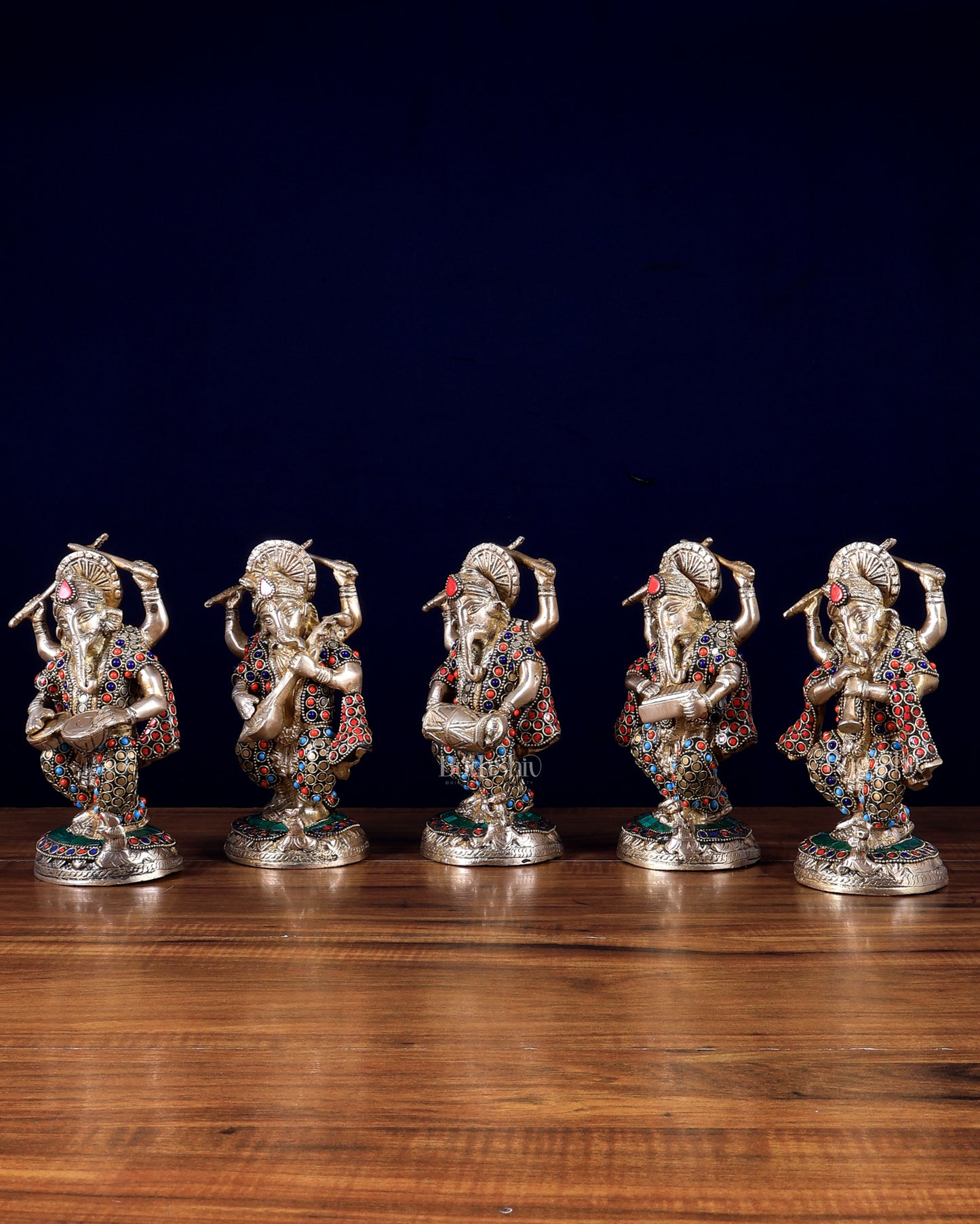 Brass Musical Ganesha Set of 5 with Stonework – 7.5 Inch | Premium Brass Idols | BudhShiv