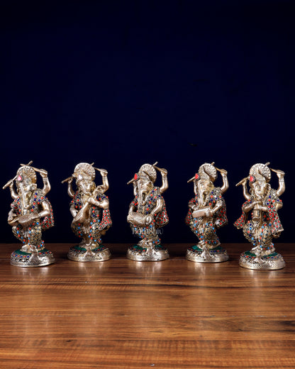 Brass Musical Ganesha Set of 5 with Stonework – 7.5 Inch | Premium Brass Idols | BudhShiv