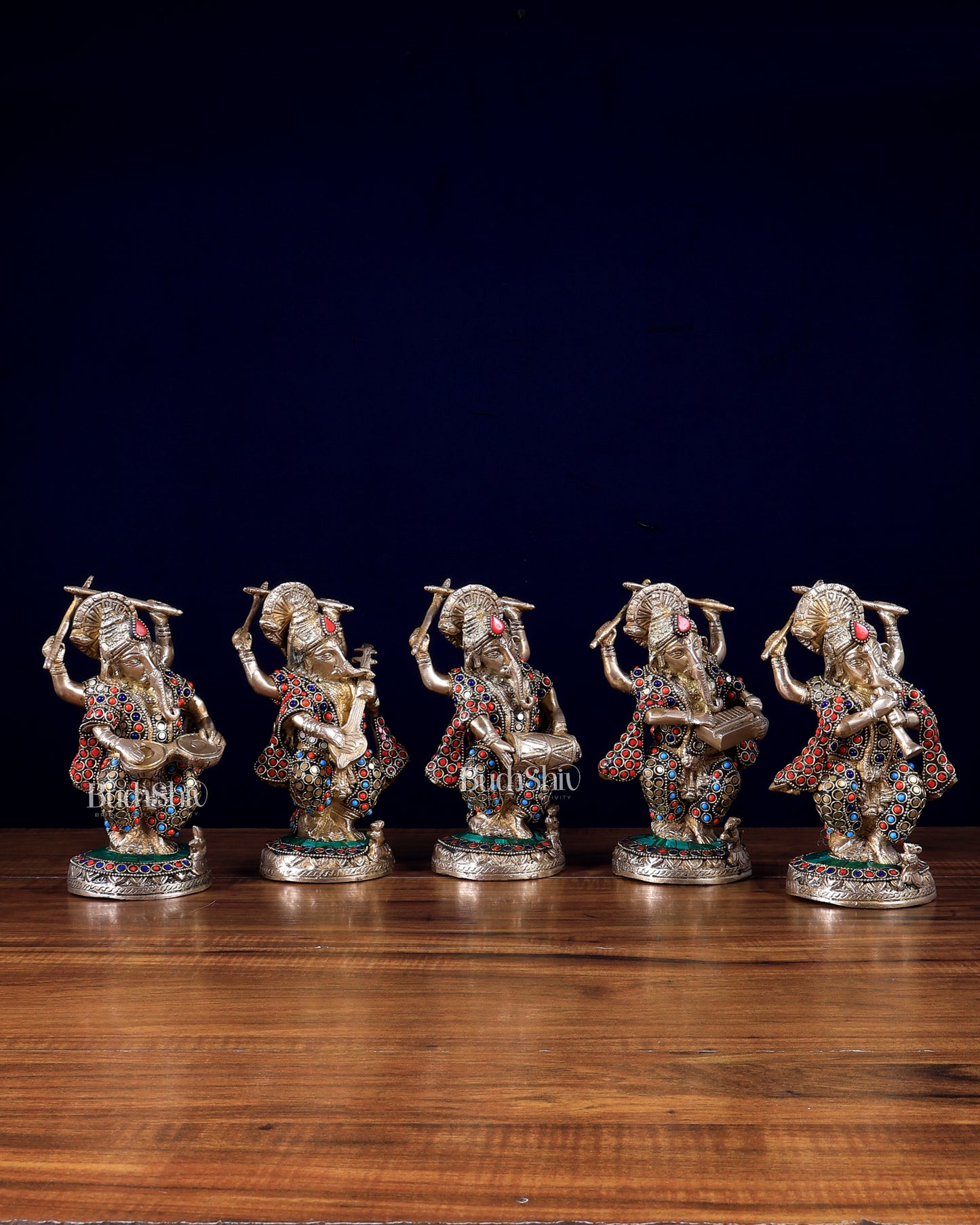 Brass Musical Ganesha Set of 5 with Stonework – 7.5 Inch | Premium Brass Idols | BudhShiv