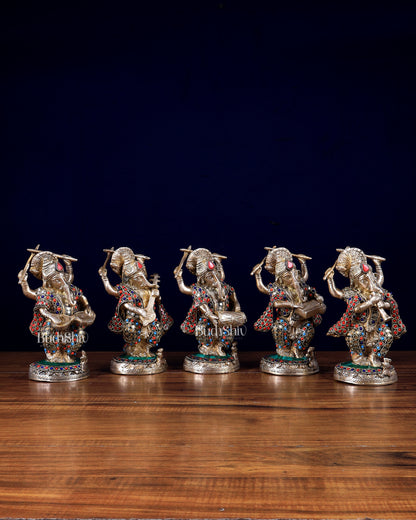 Brass Musical Ganesha Set of 5 with Stonework – 7.5 Inch | Premium Brass Idols | BudhShiv
